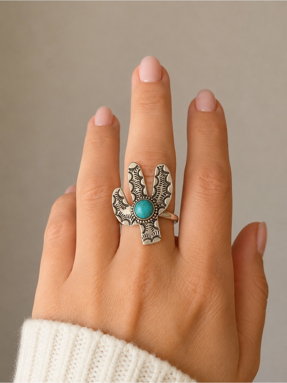 Kingman Turquoise 925 Sterling Silver Cactus Statement Ring